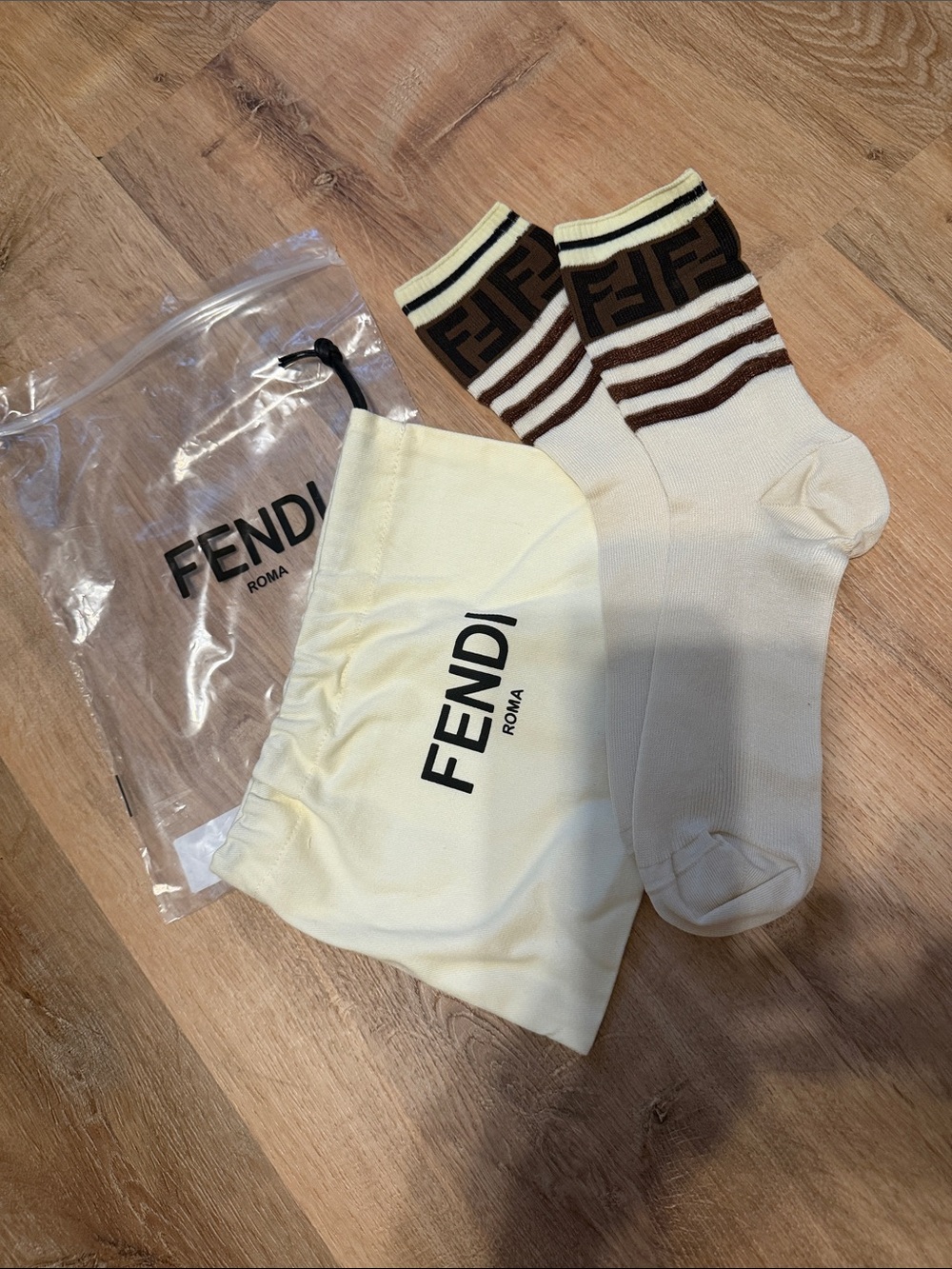 Fendi Women’s’ Cream Socks with Brown Logo Cuff & Stripes